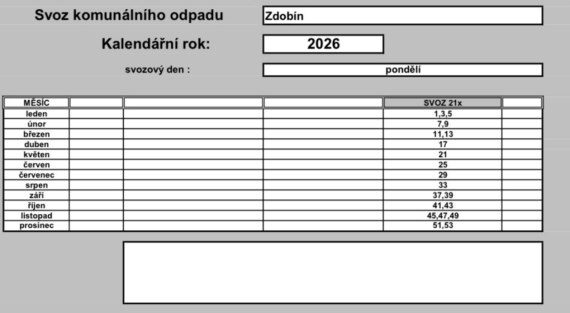 Kalendář svozu komunálního odpadu 2026. Cena poplatku pro rok 2026 zůstává 750,- Kč.
