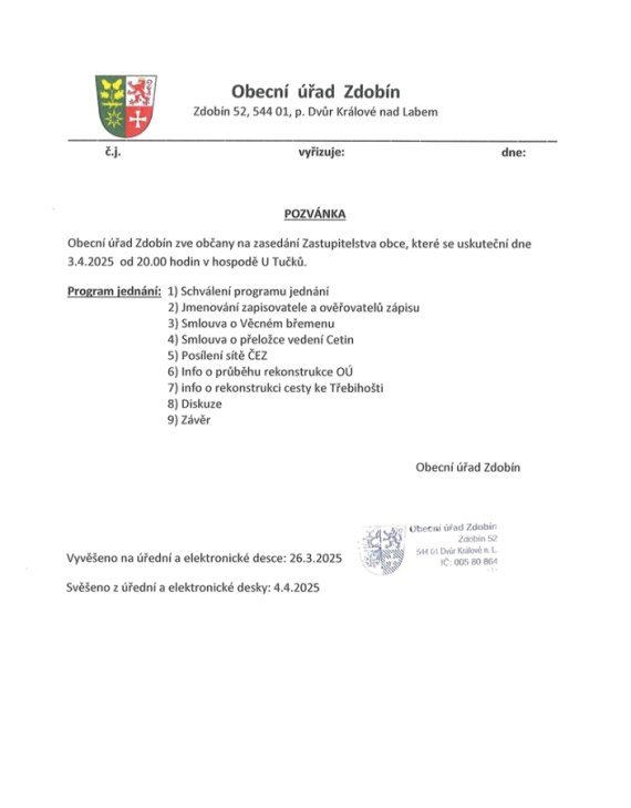Pozvánka na schůzi Zastupitelstva obce