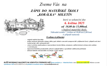 Zápis do MŠ Korálka Miletín Zápis do MŠ Korálka Miletín