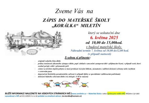 Zápis do MŠ Korálka Miletín